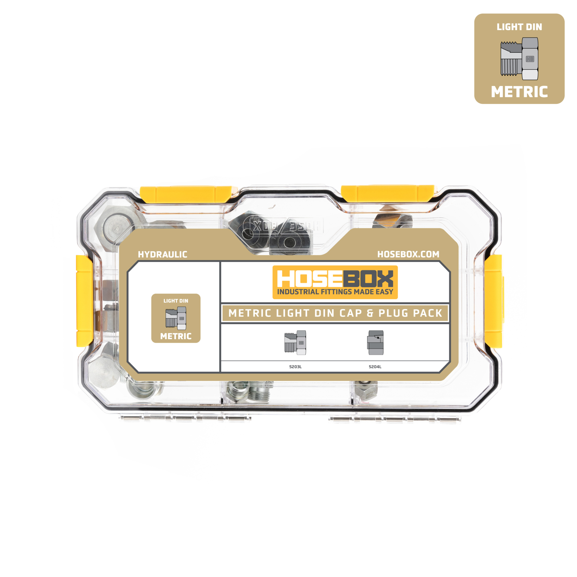 HoseBox, METRIC LIGHT DIN CAPS PLUGS - 44 Caps Plugs, Fitting Size Other in, Model# HB2027-004